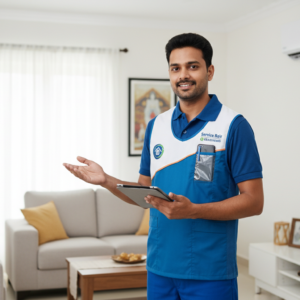 Service Raju technician repairing gas stove leakage in Mysore kitchen