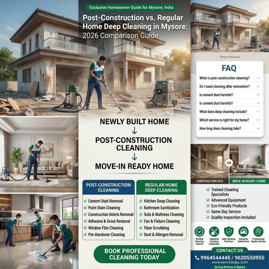 Post-Construction Vs. Regular Home Deep Cleaning In Mysore: 2026 Comparison Guide Why This Works: Mysore Is Experiencing A Rapid Real Estate Boom In 2026. New Homeowners Are Frequently Confused About Whether They Need Standard Deep Cleaning Or Intensive Post-Construction Dust And Debris Removal. Post-construction vs. Regular home deep cleaning in mysore: 2026 comparison guide why this works: mysore is experiencing a rapid real estate boom in 2026. New homeowners are frequently confused about whether they need standard deep cleaning or intensive post-construction dust and debris removal.