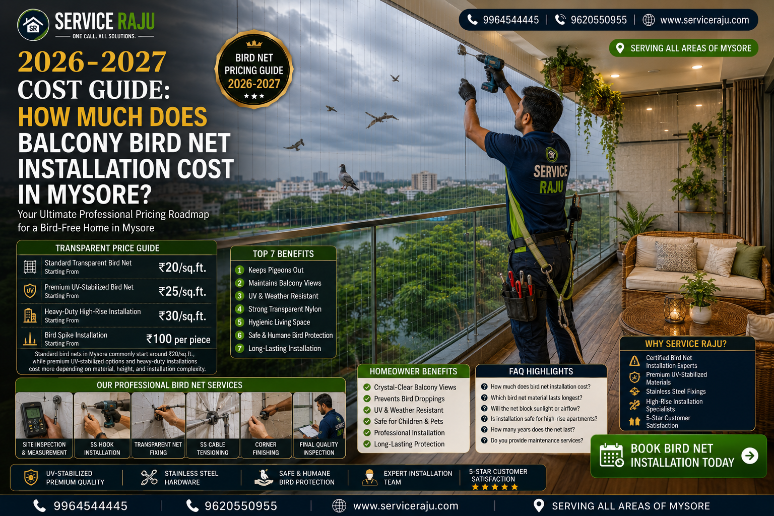 2026-2027 Cost Guide: How Much Does Balcony Bird Net Installation Cost in Mysore?