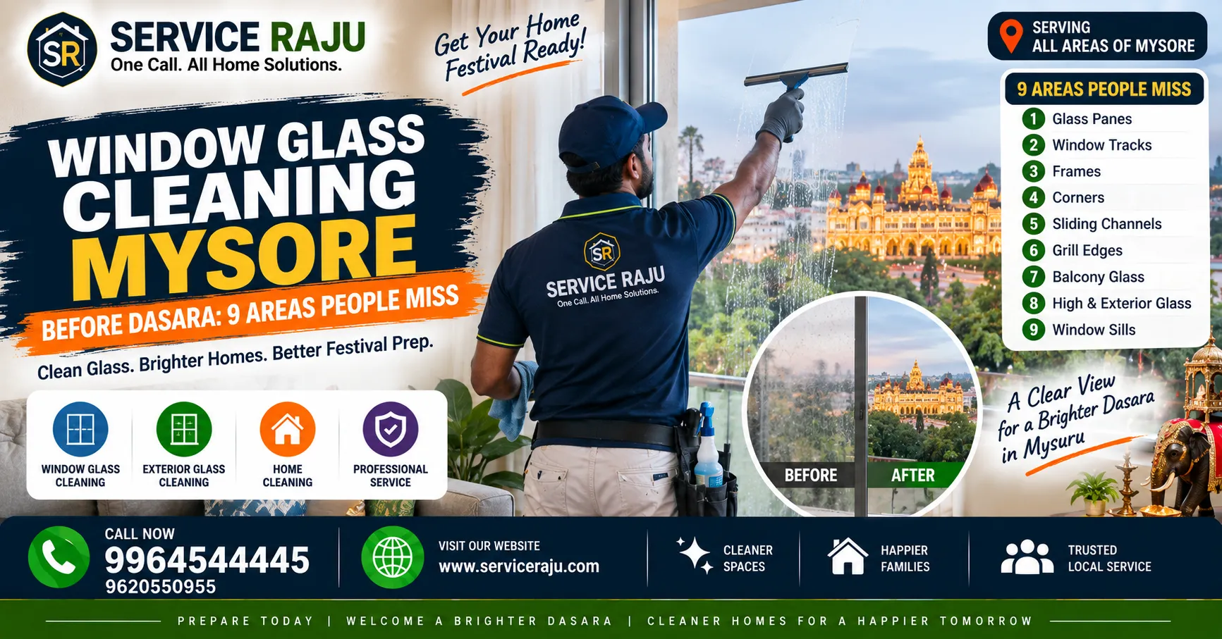 Window Glass Cleaning Mysore: 9 Areas Before Dasara