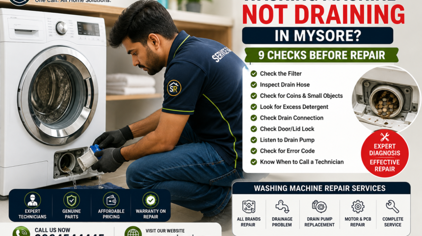 Washing Machine Not Draining Mysore – 9 Checks Washing machine not draining mysore with technician checking the drainage system