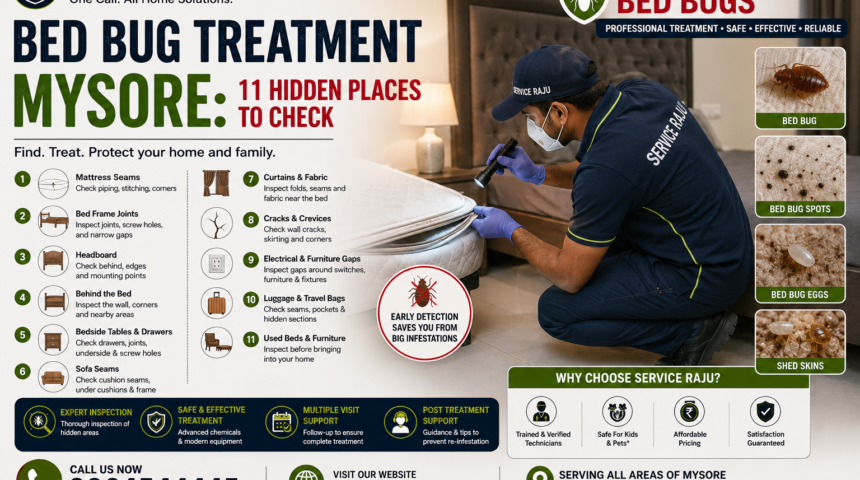 Bed Bug Treatment Mysore – Hidden Bed Bug Spots Bed bug treatment mysore with technician inspecting mattress and hidden bed bug spots