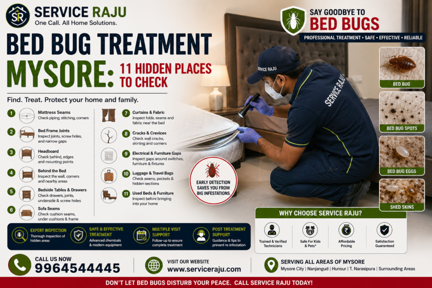 Bed Bug Treatment Mysore – Hidden Bed Bug Spots Bed bug treatment mysore with technician inspecting mattress and hidden bed bug spots