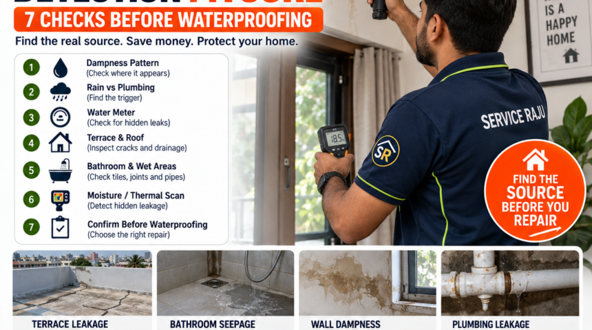 Water Leakage Detection Mysore – Find The Source Before Waterproofing Alt text: water leakage detection mysore technician checking hidden wall moisture before waterproofing