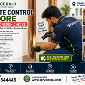 Termite Control Mysore – 8 Post-Monsoon Checks Termite control mysore technician inspecting damp wooden door frame after monsoon