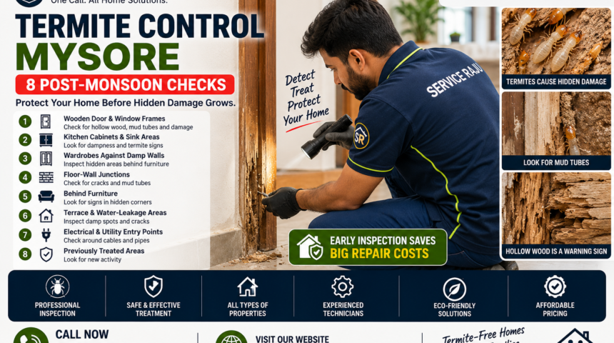 Termite Control Mysore – 8 Post-Monsoon Checks Termite control mysore technician inspecting damp wooden door frame after monsoon