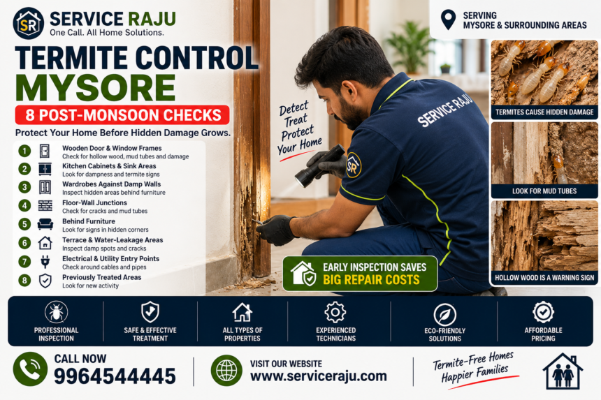 Termite Control Mysore – 8 Post-Monsoon Checks Termite control mysore technician inspecting damp wooden door frame after monsoon