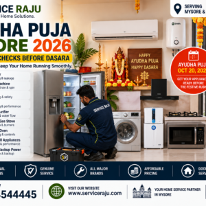 Ayudha Puja Mysore 2026 Home Appliance Safety And Repair Checklist Professional service raju technician inspecting household appliances in a modern mysuru home before ayudha puja, including refrigerator, washing machine, geyser, ac and kitchen appliances. Ayudha puja mysore 2026 home appliance safety and repair checklist