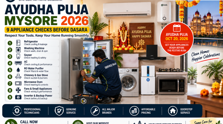 Ayudha Puja Mysore 2026 Home Appliance Safety And Repair Checklist Professional service raju technician inspecting household appliances in a modern mysuru home before ayudha puja, including refrigerator, washing machine, geyser, ac and kitchen appliances. Ayudha puja mysore 2026 home appliance safety and repair checklist