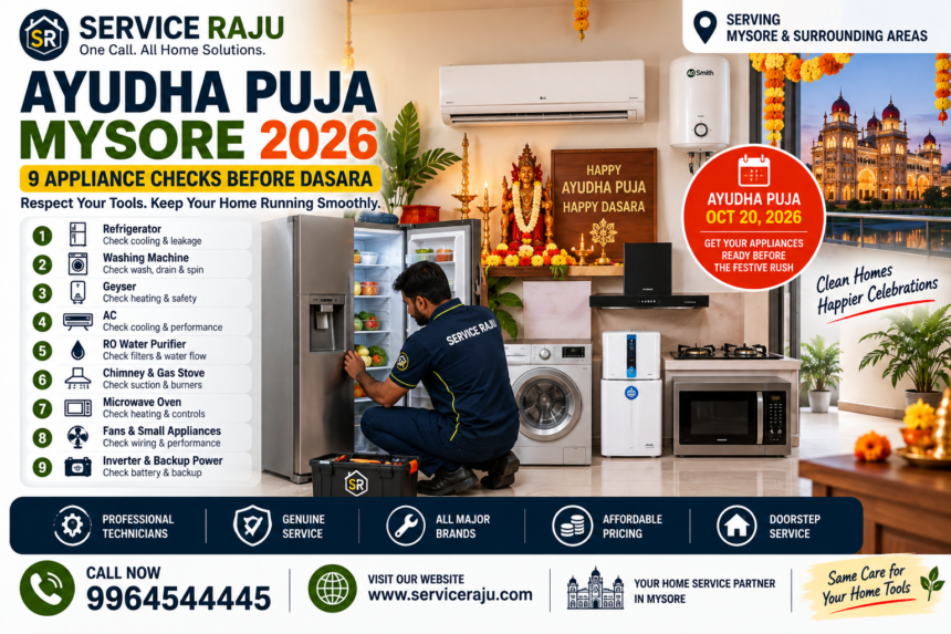Ayudha Puja Mysore 2026 Home Appliance Safety And Repair Checklist Professional service raju technician inspecting household appliances in a modern mysuru home before ayudha puja, including refrigerator, washing machine, geyser, ac and kitchen appliances. Ayudha puja mysore 2026 home appliance safety and repair checklist
